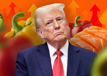US president Donald Trump and salmon, avocados, and bell pepper on the background