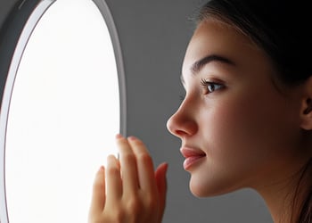 Person standing in front of a white light therapy device