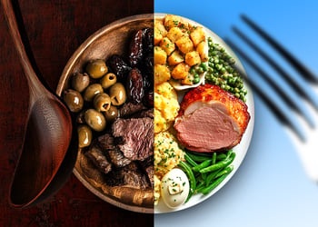 Plate divided into two showing Jesus last supper and current day's Easter dinner