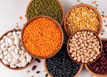 Bowls of lentils, beans, and chickpeas