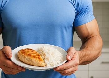 Muscular person holding a plate of food in the kitchen