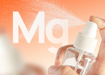 Illustration of Mg letters and a spray, set against an orange background