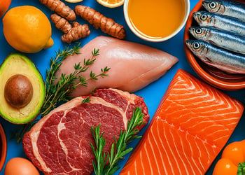 Various foods in blue background all part of AIP diet