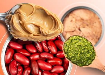 A spoon of peanut butter, a spoon of pesto, a bowl of beans, and a can of tuna