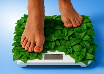 Feet standing on leaves on a scale