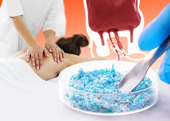 A lab dish with microplastics and a person having a massage