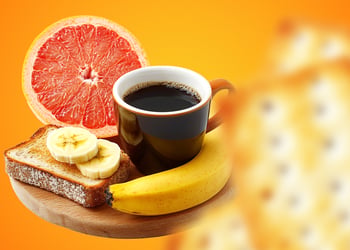 Coffee and morning breakfast in orange background