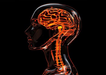 Transparent head with orange brain nervous system inside in black background