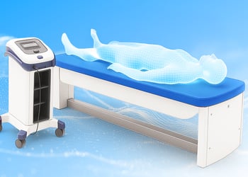 Illustration of a blue body laying down on a medical PEMF bed in blue electro wave background