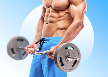 Muscular shirtless person lifting weights in blue background