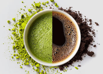 Matcha and Coffee split in a cup