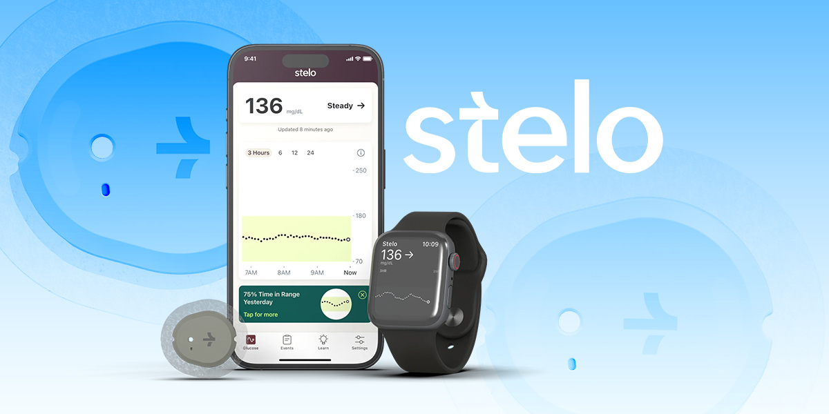 A smarphone with a Stelo app opened and a smartwatch on a blue screen