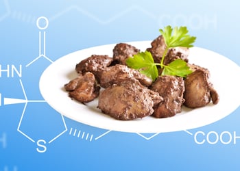Meat on a white plate with formulas in blue background
