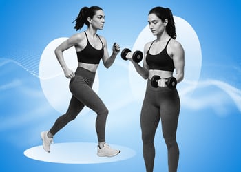 Two persons one doing cardio the other working out blue background