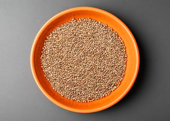 buckwheat in a orange bucket grey background
