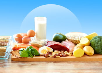 Different sources of protein on a cutting board