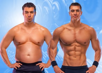Fat and muscular person side to side blue background