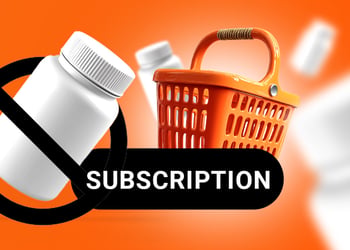 A white bottle of pills with 'no symbol' and a tiny shopping cart