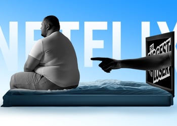 An overweight person being shamed from a TV screen