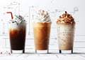 Three pumpkin spice lattes with an illustrative composition of their ingredients