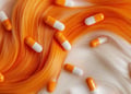 Image of orange and white supplement capsules scattered over long hair