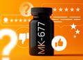 Image of MK-677 on an orange background with review symbols, like and dislike buttons