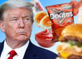 Collage of Donald Trump surrounded by various snacks set against a blue background