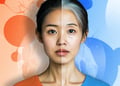 Asian person split in two sides red being young blue being old