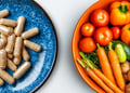 One bowl containing fiber supplements and another containing high-fiber veggies