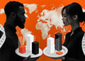 Two people holding plates with statistics, map and measuring tape, set against an orange background