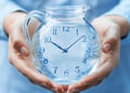 Person holding a glass pitcher with clock on it