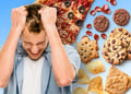 A stressed person surrounded by junk food