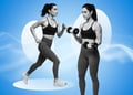 Two persons one doing cardio the other working out blue background