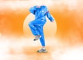 Blue sauna suit in orange sunset background
